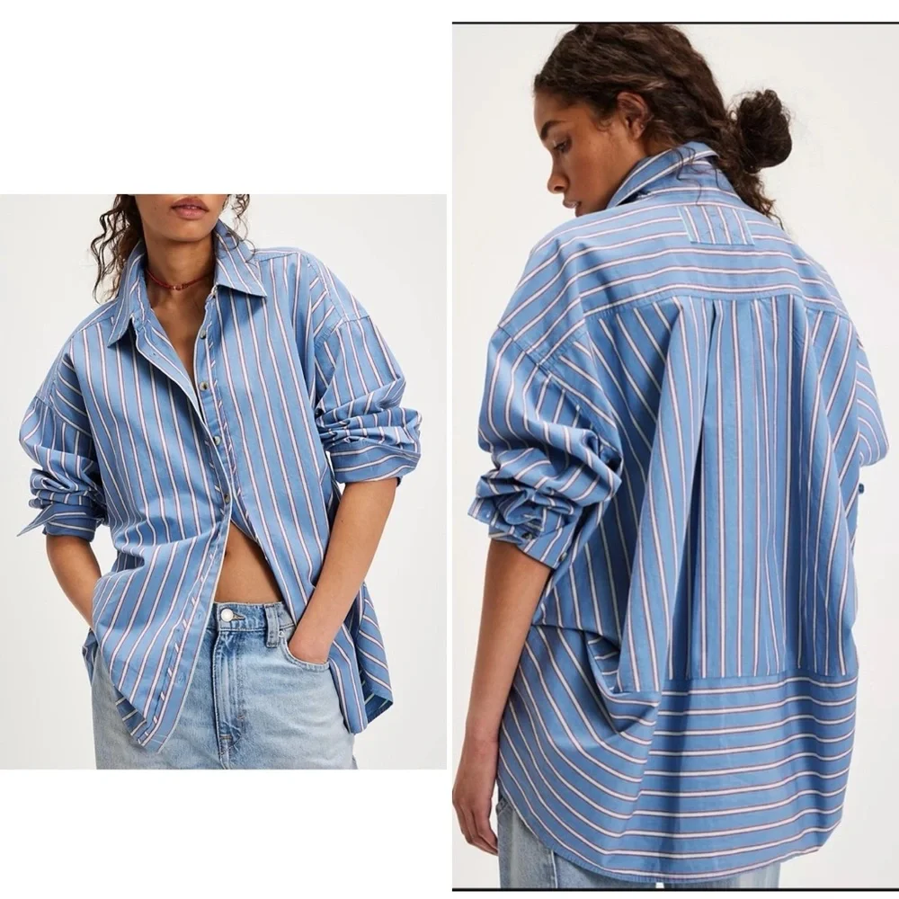 FREE PEOPLE We The Free Striped Varsity Vibes Shirt / Blue Combo - Picture 2 of 15